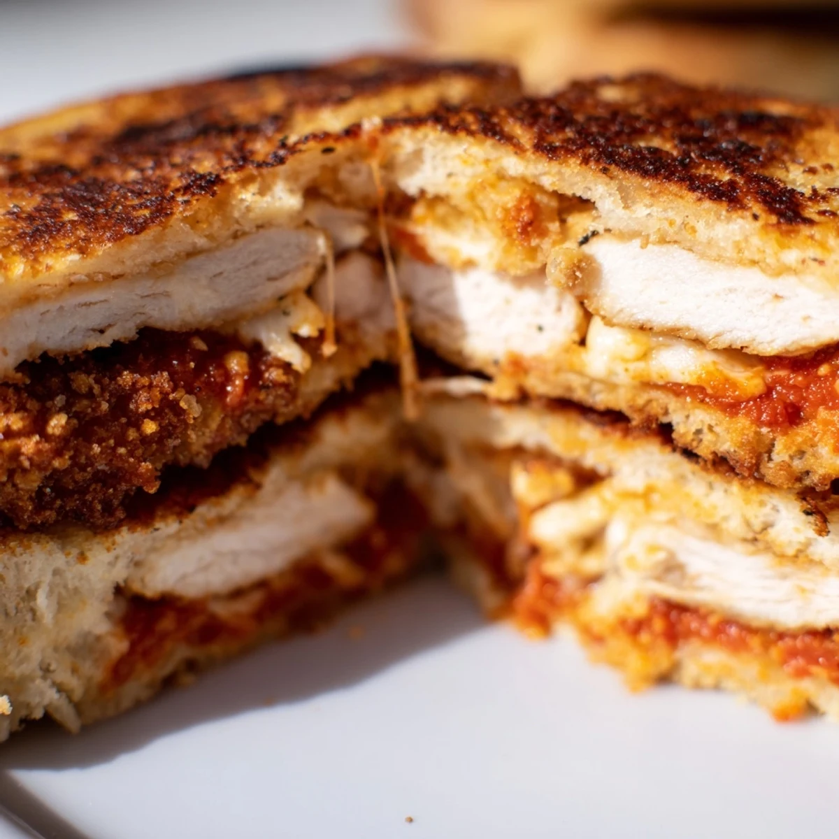 Golden-brown Chicken Parm Grilled Cheese sandwiches sit on a wooden cutting board, showcasing crispy breaded chicken, melted mozzarella, and vibrant marinara sauce. A sliced sandwich reveals layers of gooey cheese and zesty tomato between buttery, garlicky sourdough. The Chicken Parm Grilled Cheese is served hot with a side of marinara for dipping, perfect for a cozy Italian-American meal.