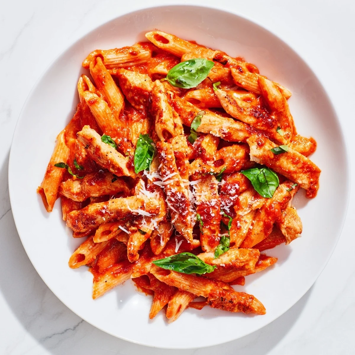 A close-up of spicy tomato chicken pasta with Parmesan cheese and basil, served family-style for a flavorful dinner.