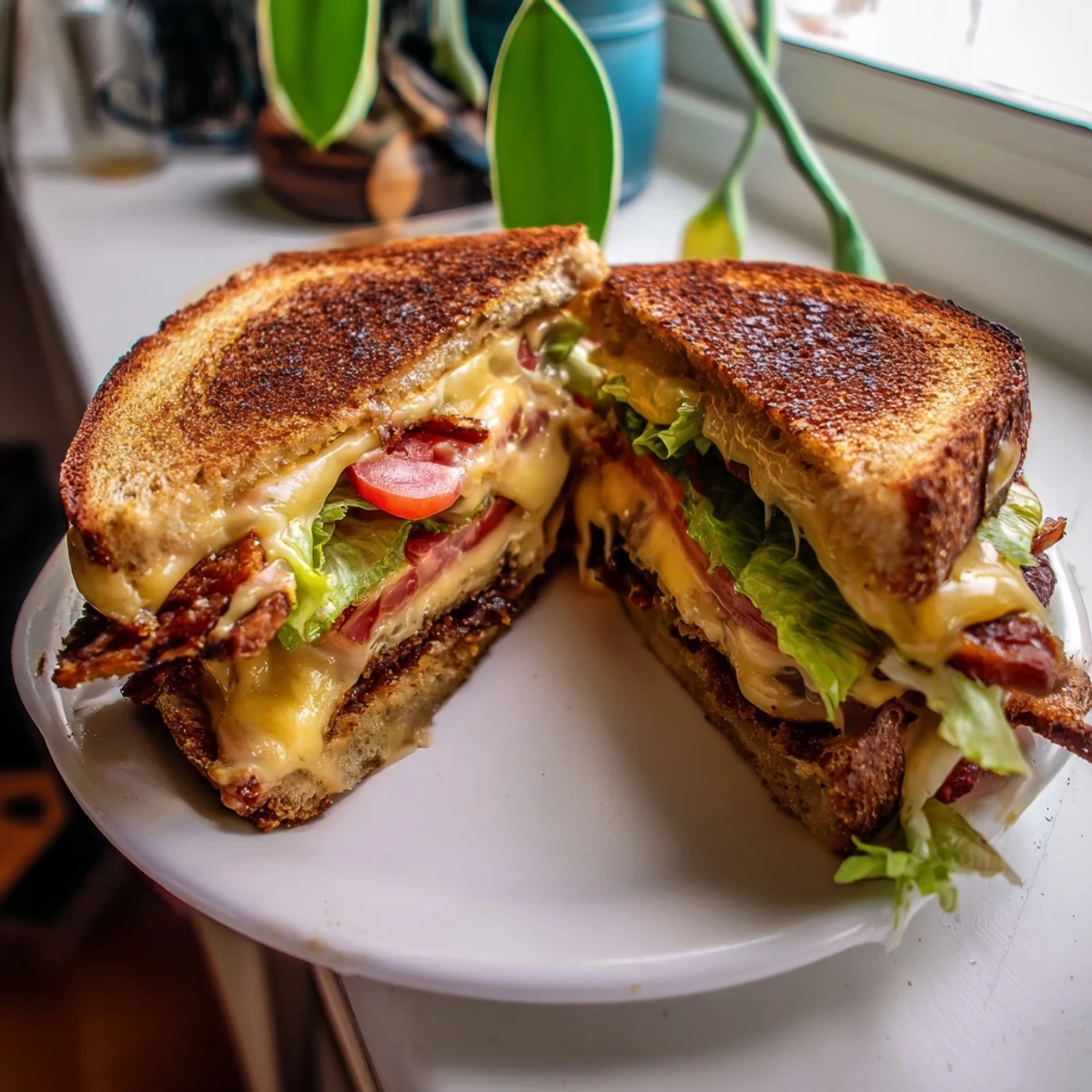 Golden toasted sourdough cradles juicy tomato slices and melty vegan cheese for a savory Vegan Bacon BLT Grilled Cheese.