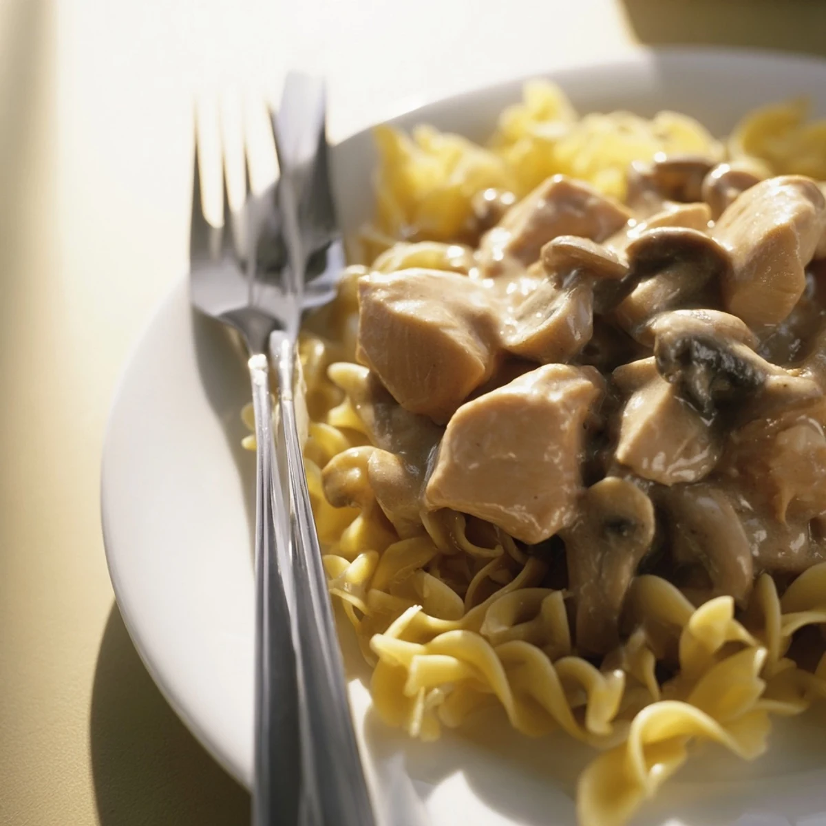 A close-up of savory Chicken and Mushroom Stroganoff, featuring tender chicken, earthy mushrooms, and a rich sour cream sauce piled atop buttery noodles.