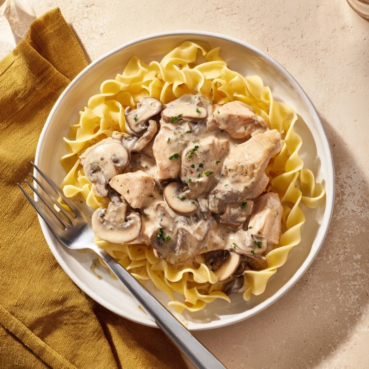 A hearty serving of Chicken and Mushroom Stroganoff with sautéed mushrooms and creamy sauce spooned over egg noodles, garnished with fresh parsley.