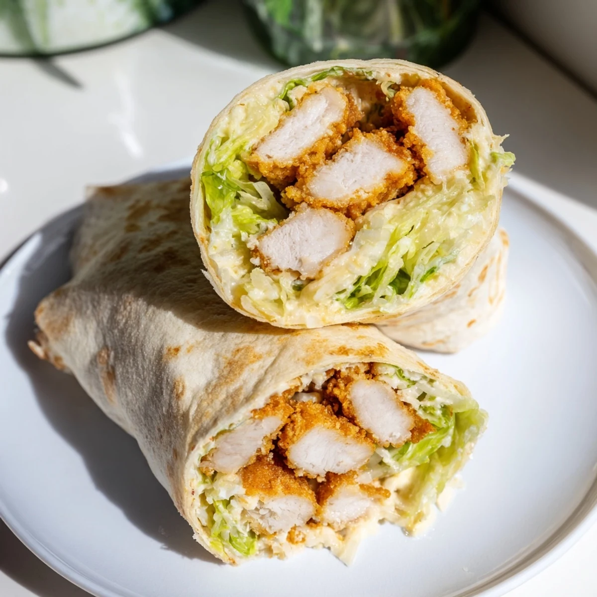 A close-up view of a Crispy Chicken Caesar Wrap sliced in half, revealing juicy fried chicken, creamy dressing, and chopped romaine.  