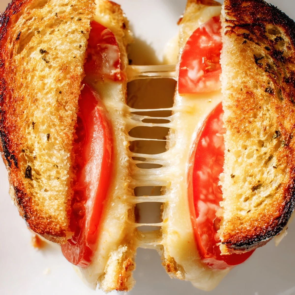 A close-up of a golden-brown Pepper Jack & Tomato Grilled Cheese, showing melted cheese and juicy tomato slices on jalapeño-studded bread.