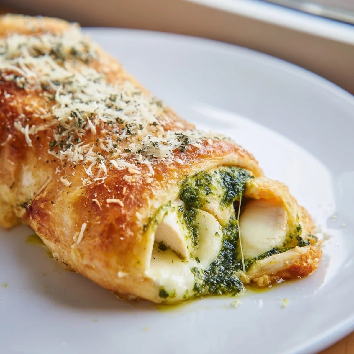 Golden-brown baked Mozzarella & Pesto Stuffed Chicken breasts resting on a white plate with fresh basil garnish.