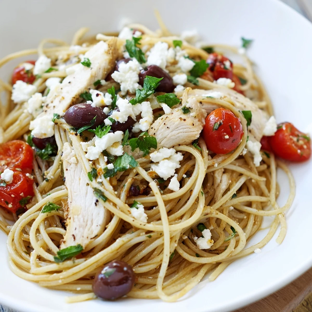 Savory Greek Chicken Spaghetti served warm, featuring juicy sliced chicken, briny olives, and crumbled feta over al dente pasta.  