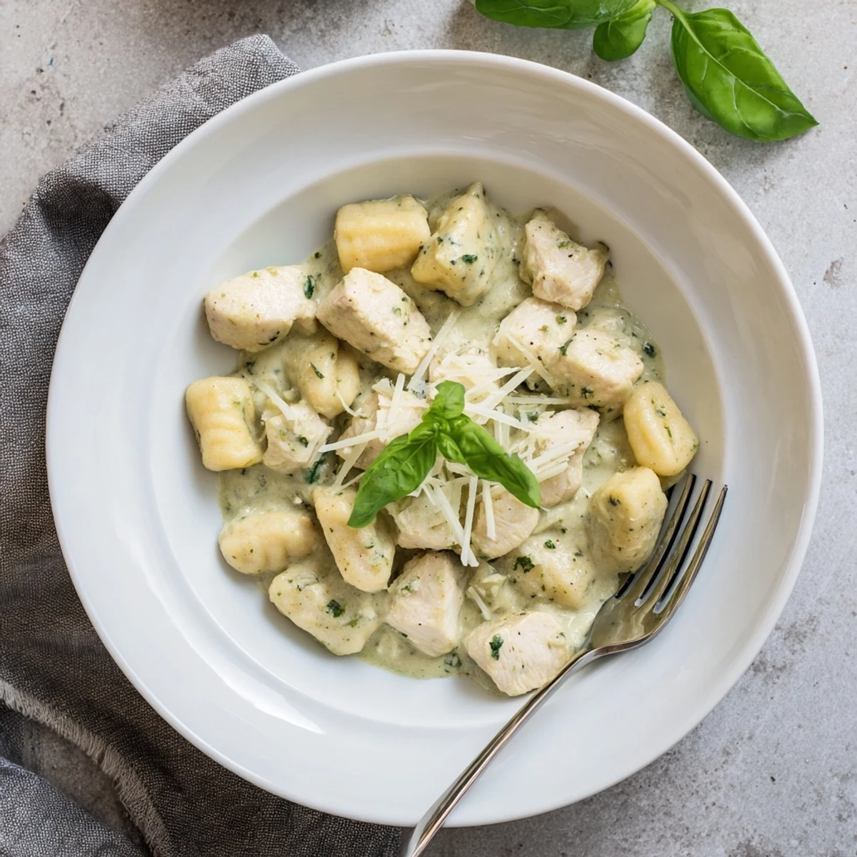 A close-up of creamy pesto gnocchi with chicken nestled in a rich, emerald green sauce, garnished with fresh basil.  