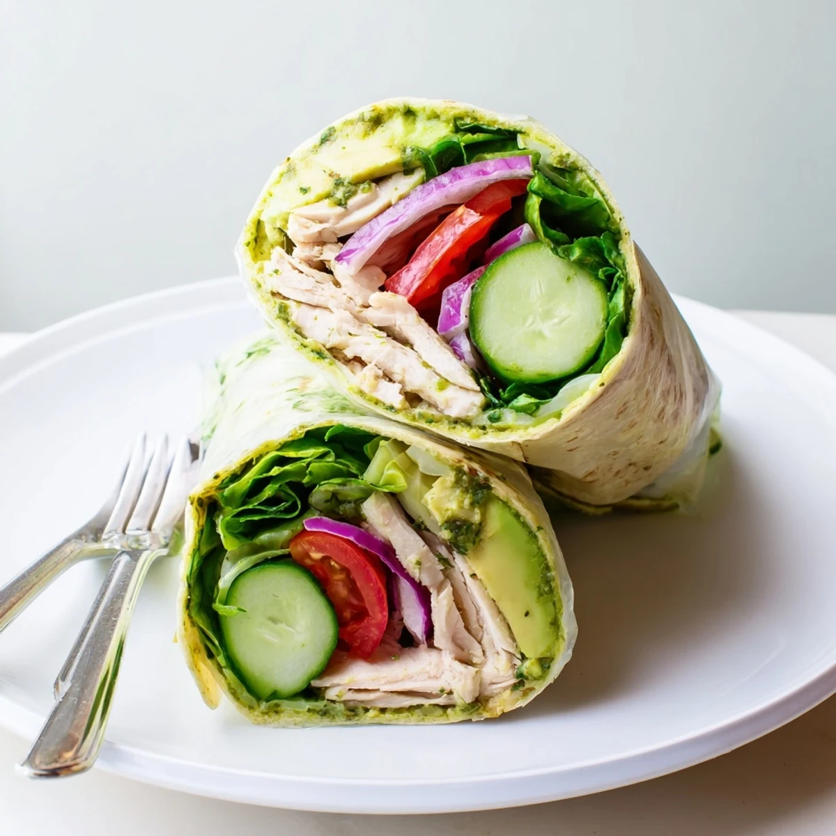 Freshly grilled chimichurri chicken, vibrant greens, and zesty avocado slices wrapped in a warm flour tortilla for a satisfying lunch.