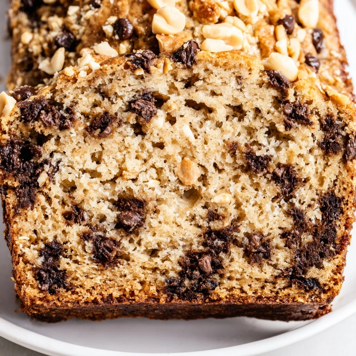 A loaf pan filled with warm Chocolate Chip Peanut Butter Oatmeal Banana bread, featuring a cracked top and gooey chocolate chips, ready for breakfast or snacking.