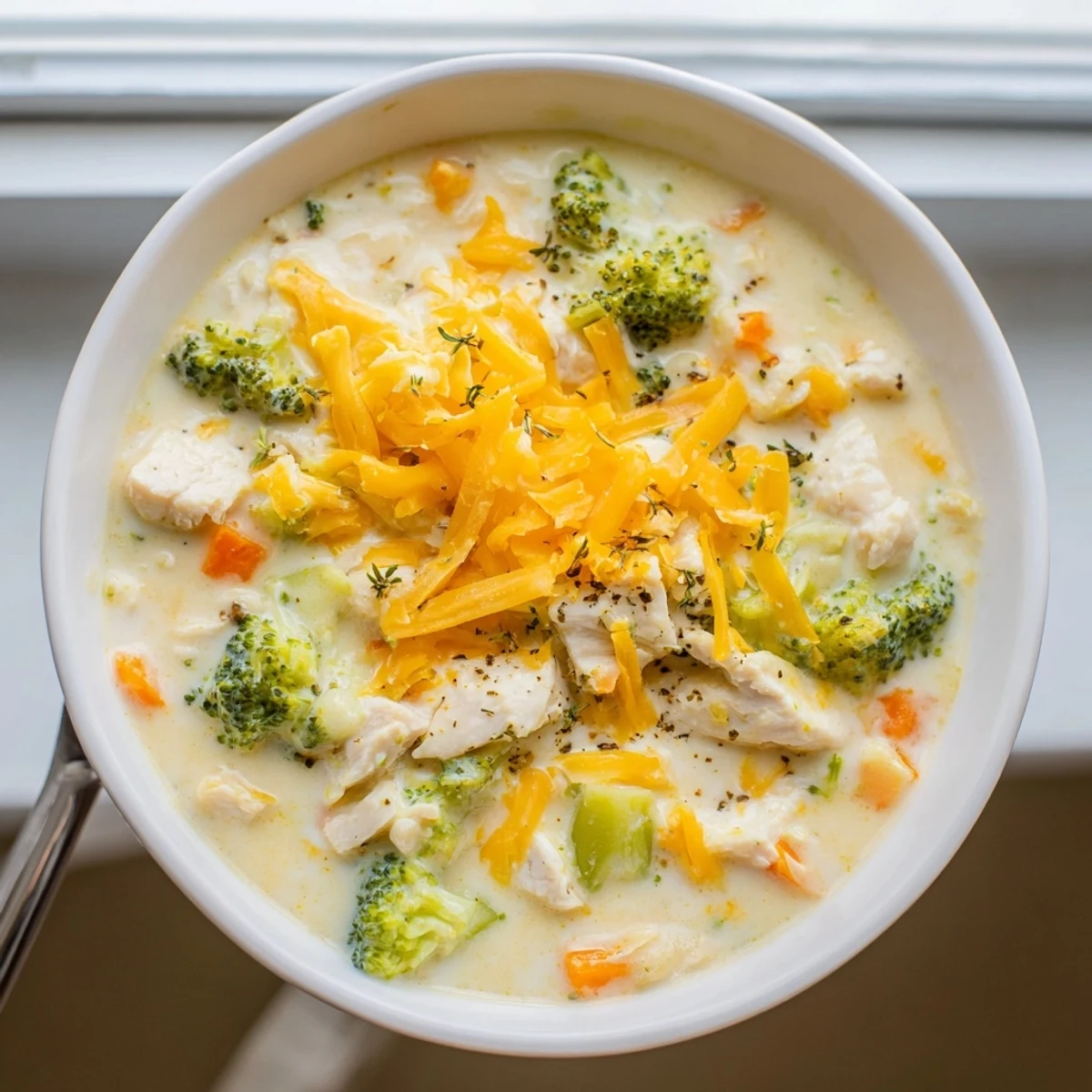 Hearty and comforting Chicken Broccoli Cheddar Soup served in a rustic bowl, garnished with fresh parsley and extra cheddar cheese for a cozy meal.