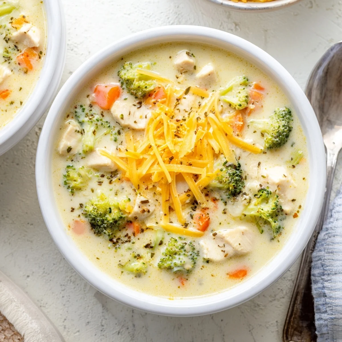 Creamy homemade Chicken Broccoli Cheddar Soup in a white bowl, showing rich texture with broccoli and diced chicken, perfect for a cold day.