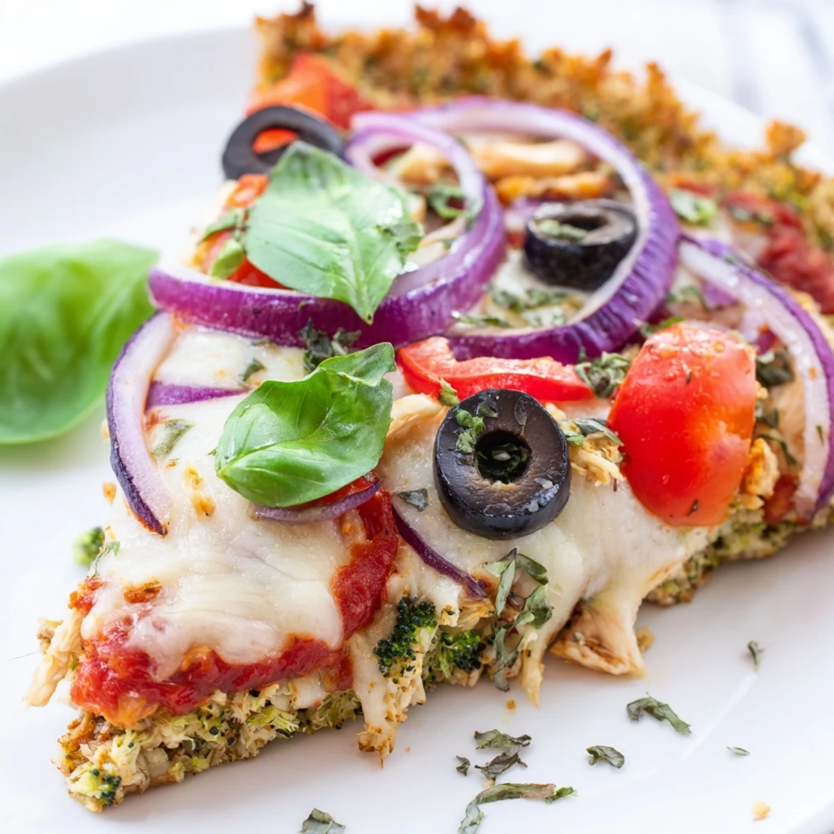 Golden-brown Broccoli Chicken Crust Pizza fresh from the oven, topped with melted mozzarella, vibrant red bell peppers, and fresh spinach leaves.