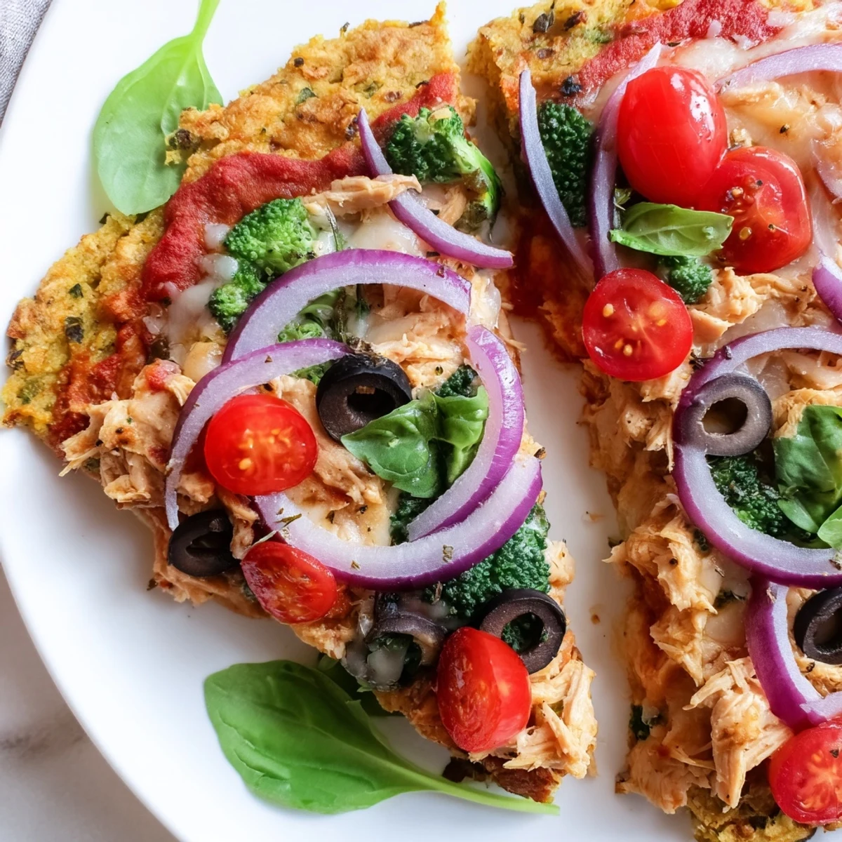 Broccoli Chicken Crust Pizza on a rustic wooden table, garnished with chili flakes and basil, perfect for a gluten-free family dinner.