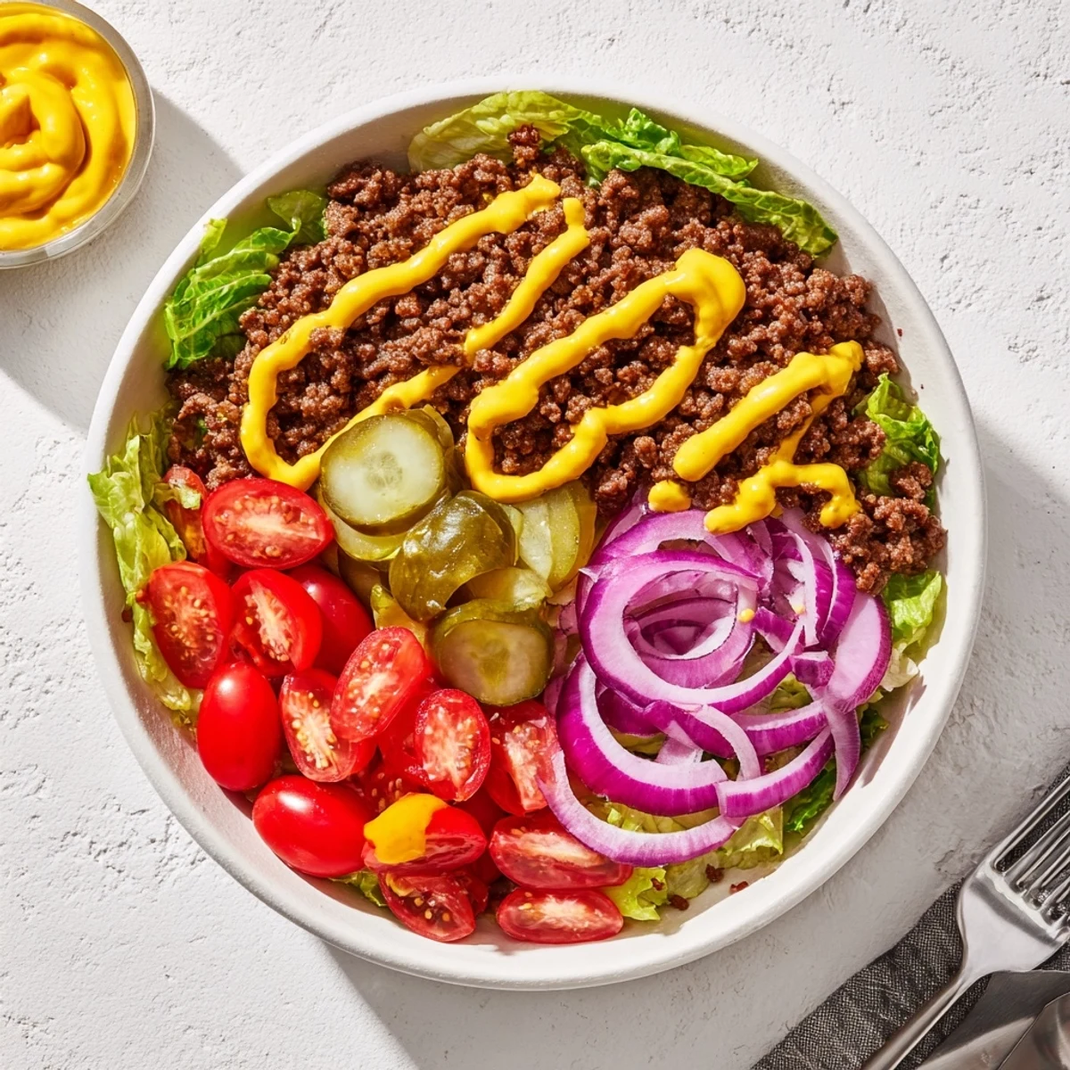 Freshly cooked ground beef, crisp romaine lettuce, diced pickles, and shredded cheddar cheese layered in a white bowl for a deconstructed Big Mac experience.  