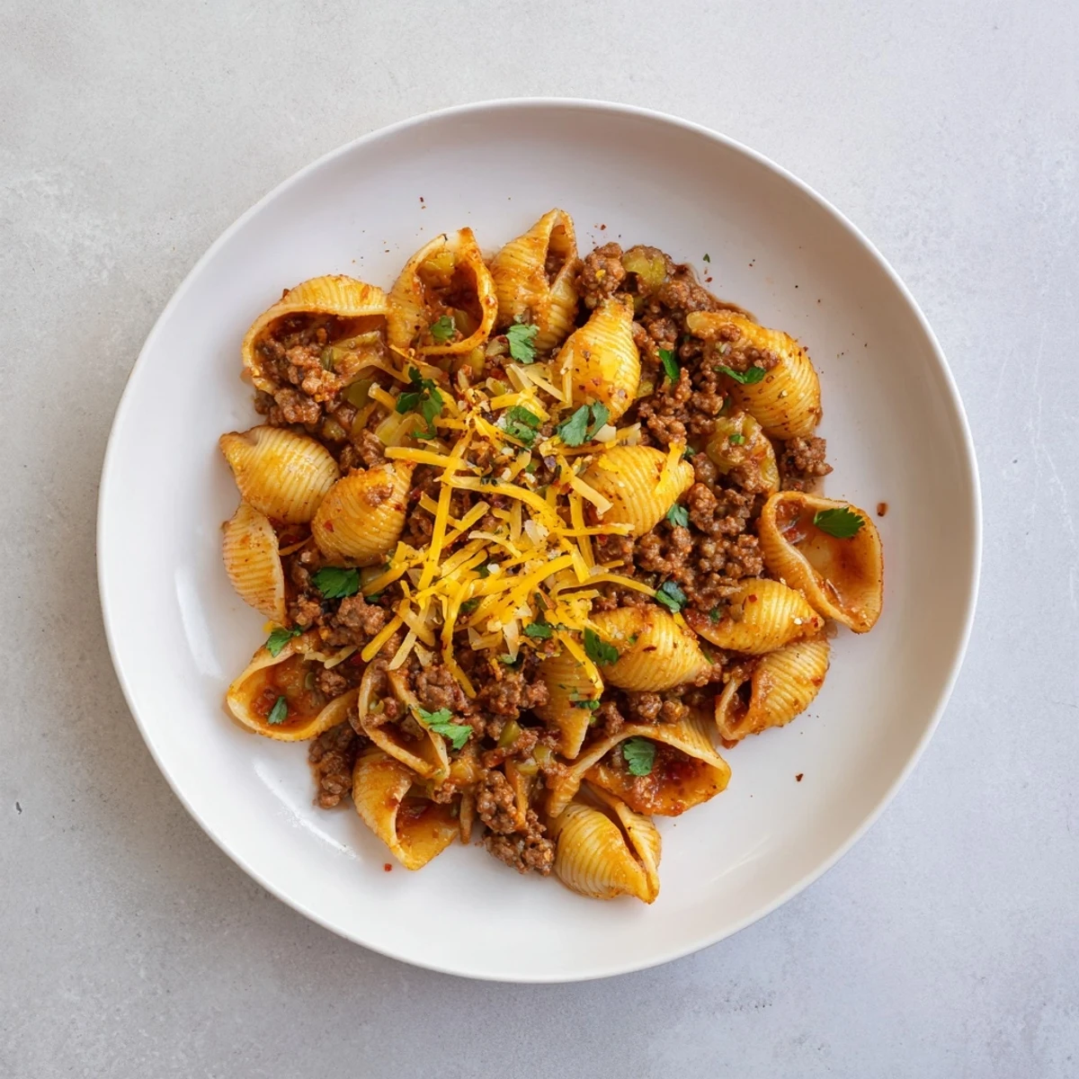 One Pot Creamy Beef and Shells plated with fresh parsley garnish, a hearty family-style meal ready to be served from the Dutch oven.