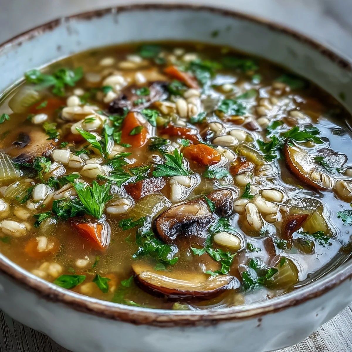 Thick, savory Mushroom Barley Soup ladled from a pot, with visible shiitakes and chopped fresh parsley garnish.