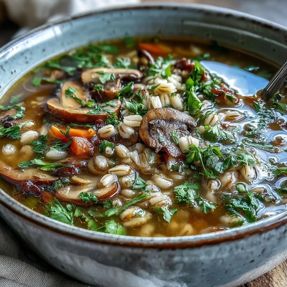 Close-up of rich Mushroom Barley Soup with diced carrots and celery, steaming in a rustic ceramic bowl.