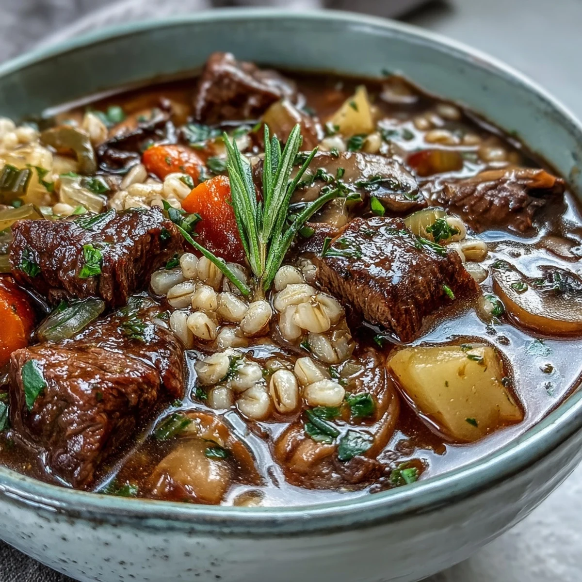 Rustic Beef and Barley Soup served in a mug with crusty bread for dipping.