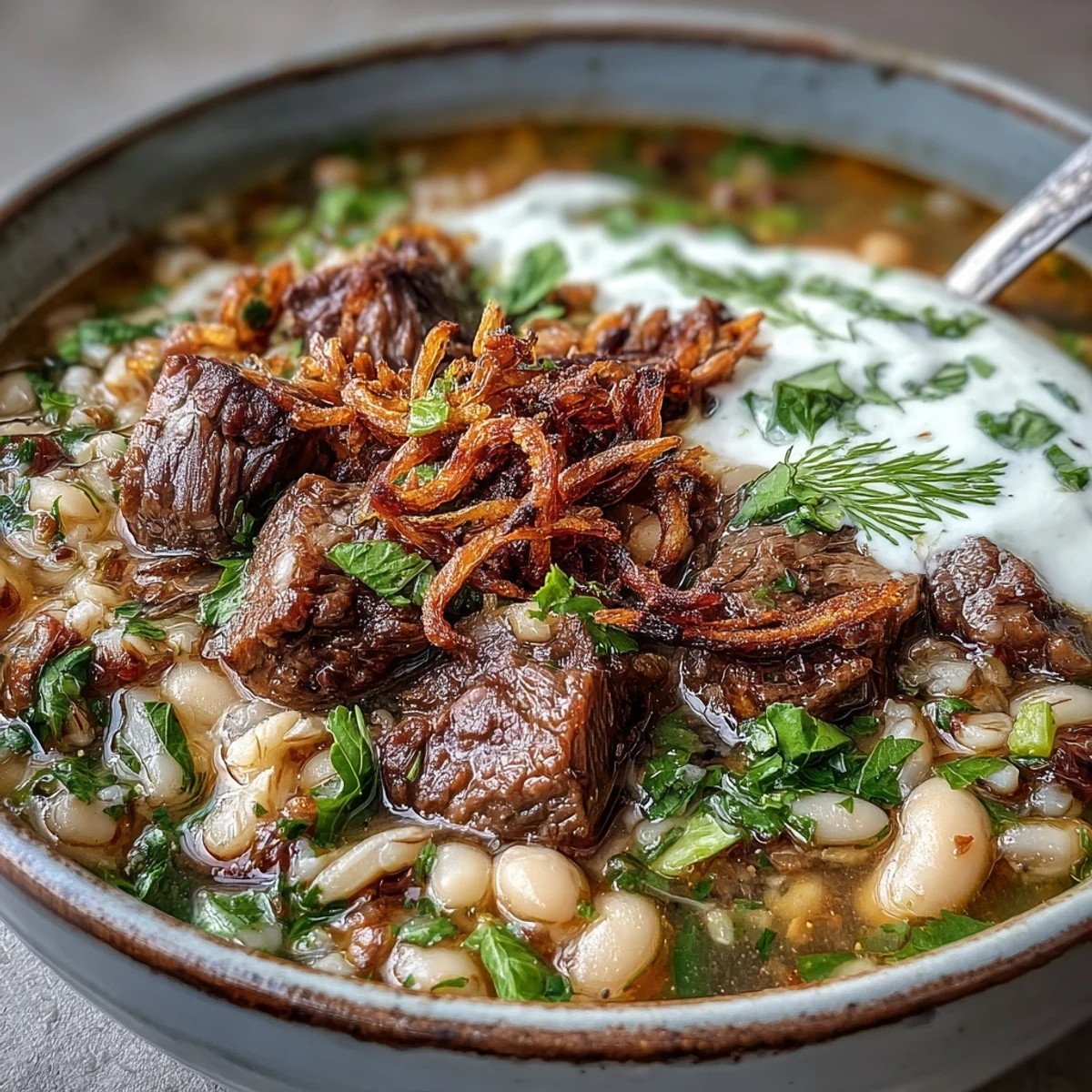 A bowl of hearty Beef Barley Soup topped with golden mint-fried onions and a swirl of sour cream, garnished with fresh herbs.