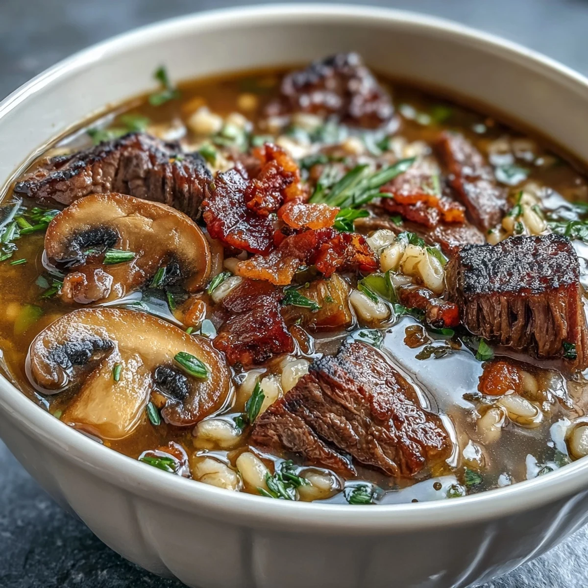 Steaming beef and barley soup with mushrooms in a rustic bowl topped with parsley.