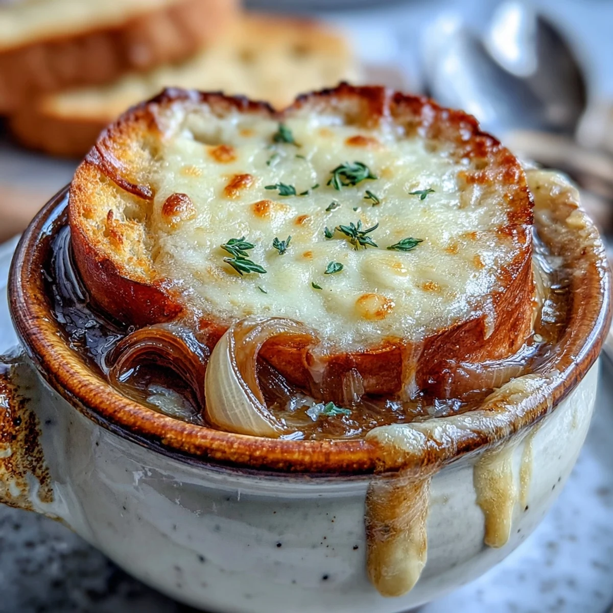 Steaming Classic French Onion Soup features deeply caramelized onions and a crusty, olive oil-brushed baguette covered in bubbly Gruyère.