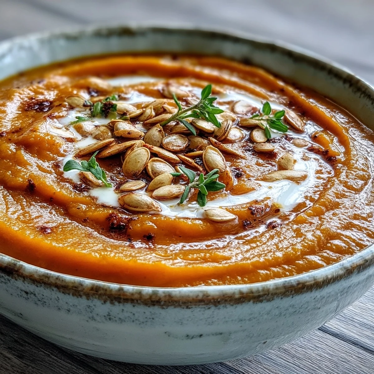 A close-up of velvety Roasted Butternut Squash Soup in a white bowl, topped with toasted seeds and thyme.