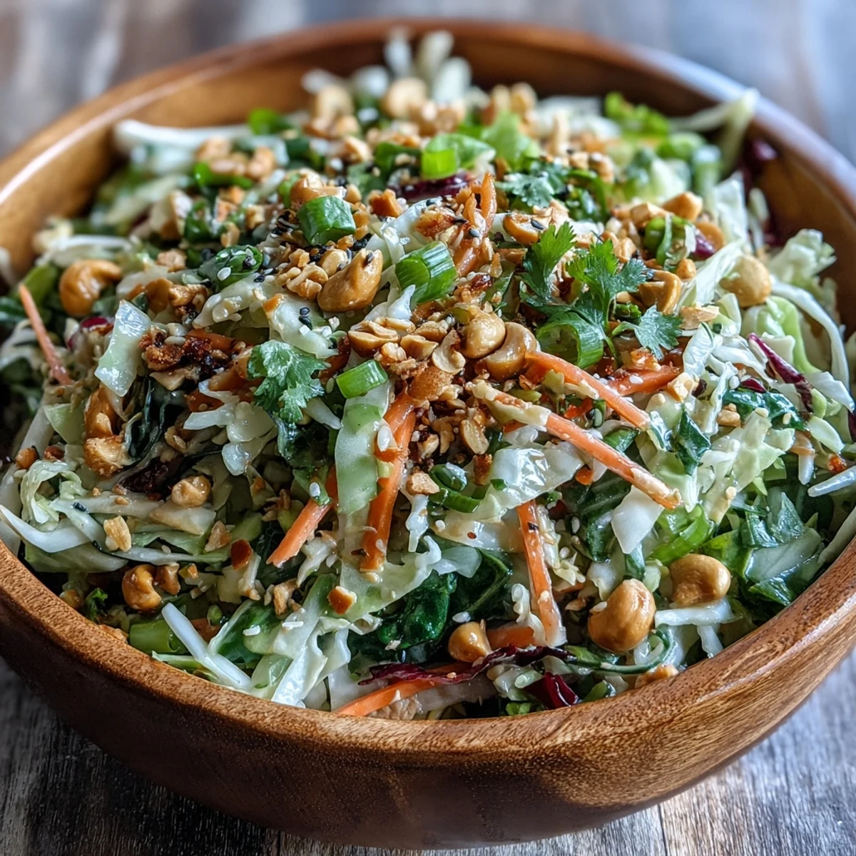 Freshly tossed Asian Cabbage Salad in a white bowl, filled with crisp green and red cabbage ribbons, shredded carrots, and chopped peanuts. 