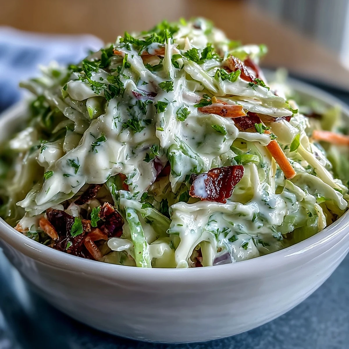 Freshly tossed Coleslaw With Creamy Dressing featuring crisp cabbage and carrots, showcasing the smooth, tangy homemade dressing coating every shred.