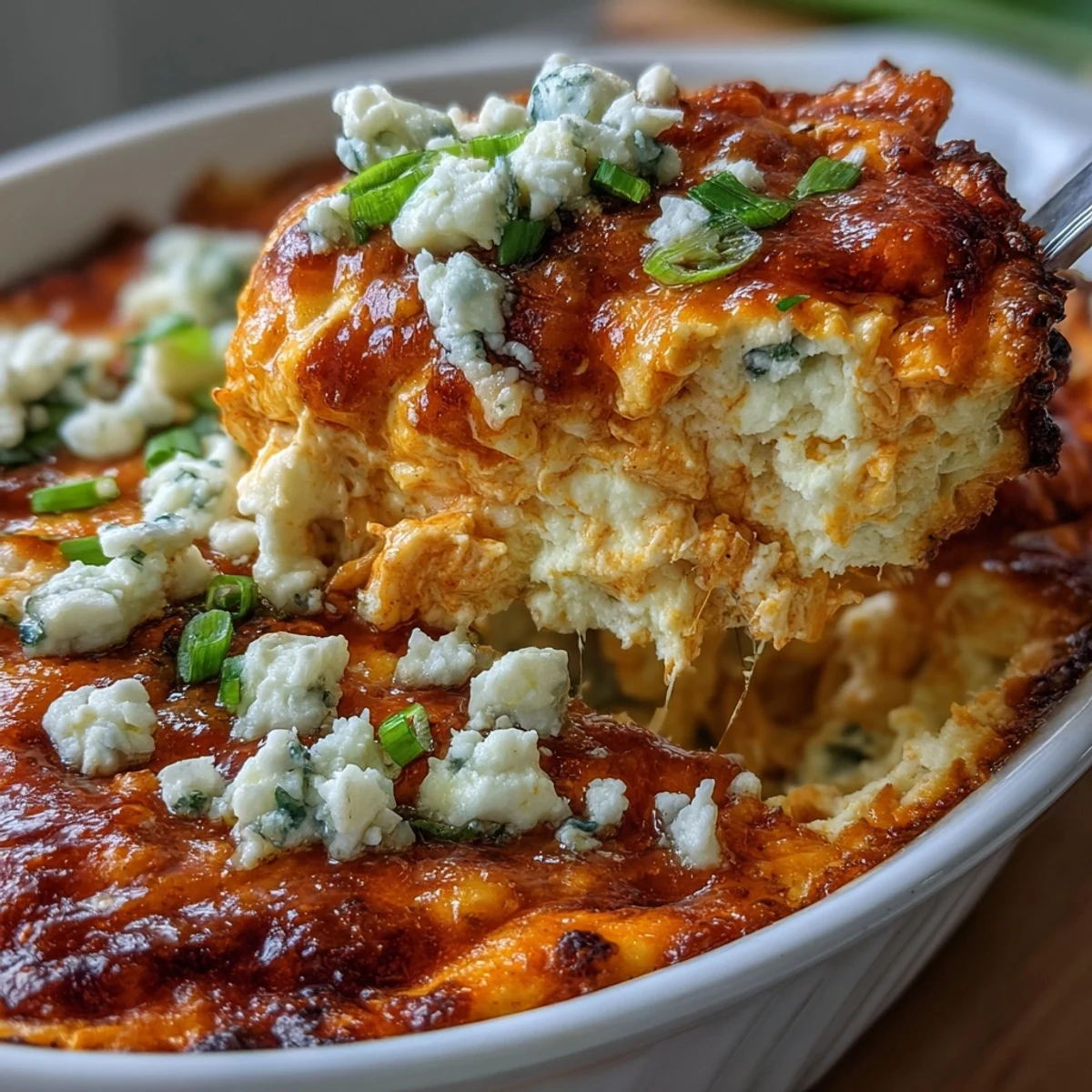 Creamy, spicy Buffalo Chicken Dip in a baking dish, ready for game day snacking with carrot sticks.