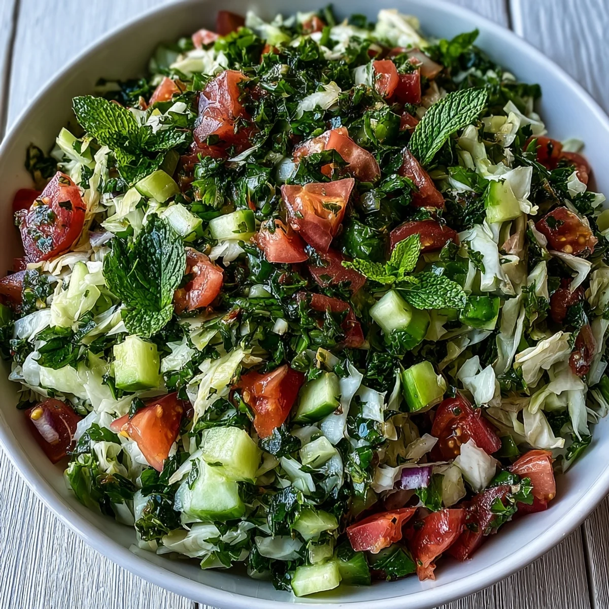 Freshly chopped Lebanese Cabbage Salad in a white bowl, featuring diced tomatoes, cucumbers, and green onions tossed in a vibrant lemon-herb dressing.
