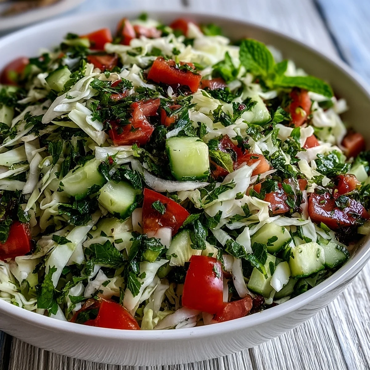 Bright and colorful bowl of Lebanese Cabbage Salad with parsley and mint, served as a refreshing vegan side dish for a healthy lunch.