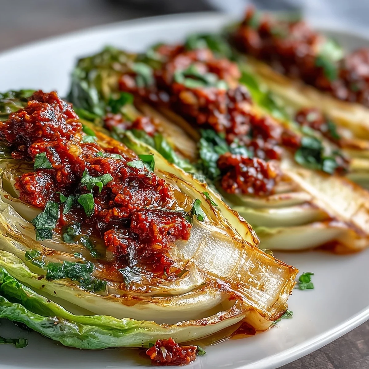 Baked Cabbage Salad With Winter Romesco plated with lemon wedges and toasted walnuts for crunch.