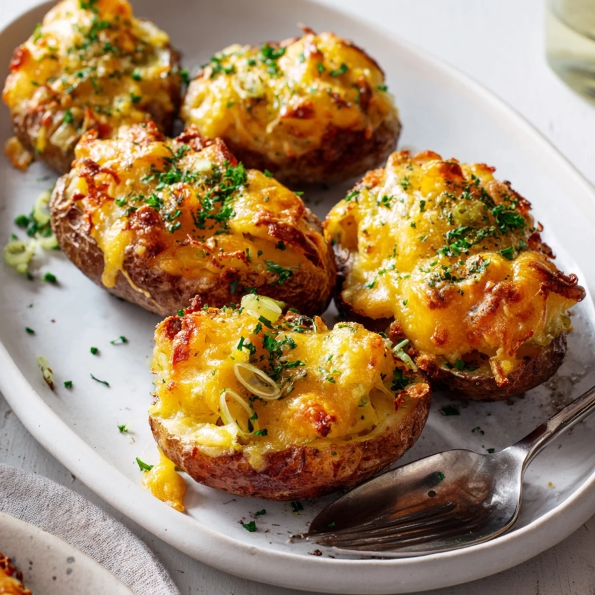 Crispy smashed green onion potato bombs topped with melted cheese and herbs.  