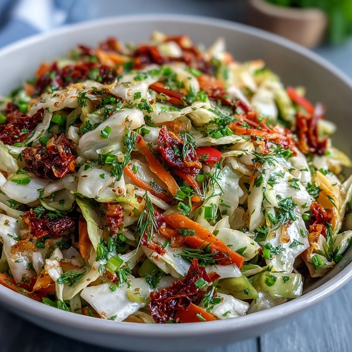 Close-up of Cabbage Salad With Sundried Tomatoes with fresh parsley, dill, and chives, perfect as a light vegetarian lunch or dinner side.