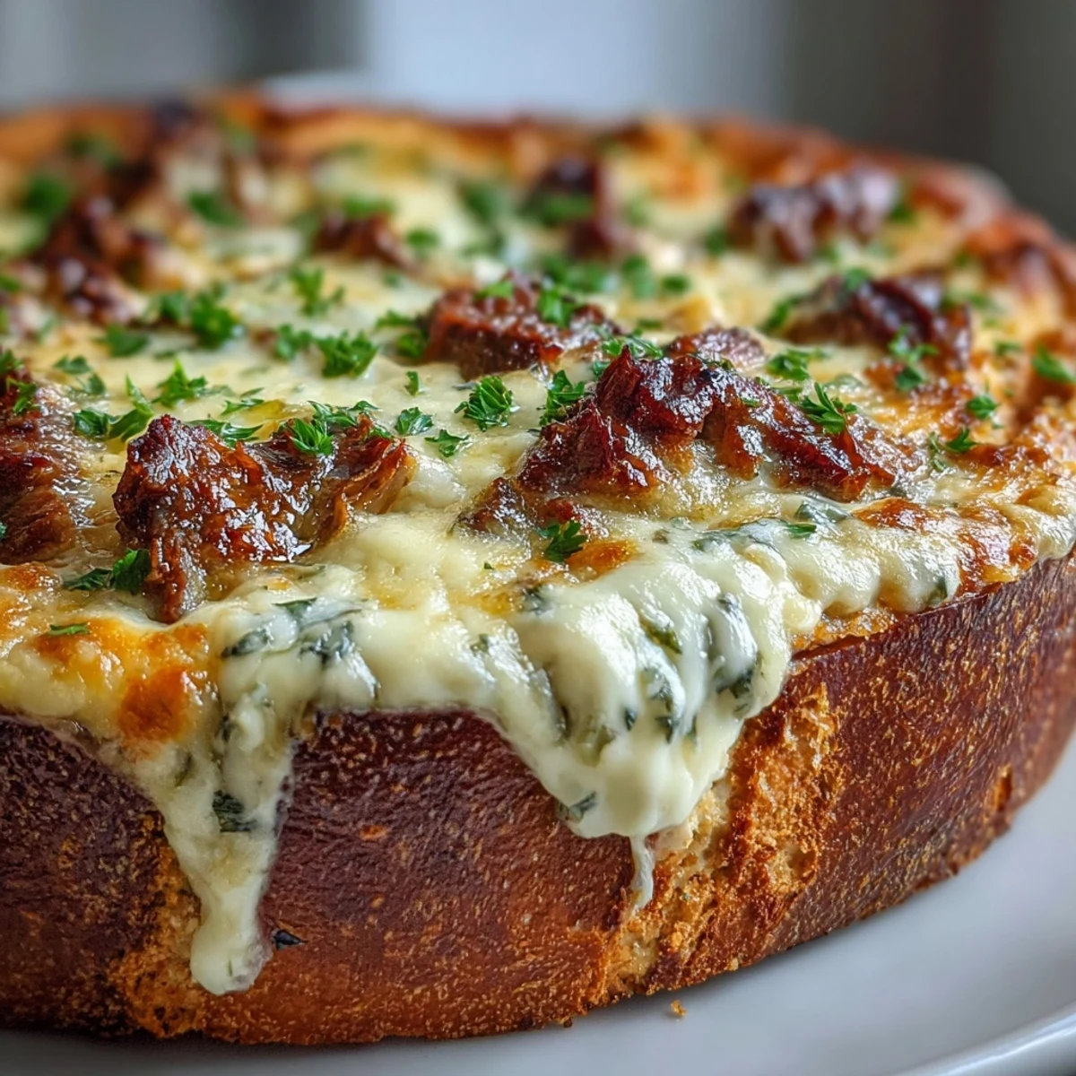 Golden baked Philly Cheesesteak Dip with melted provolone, tender ribeye, and caramelized peppers served on a crostini.  