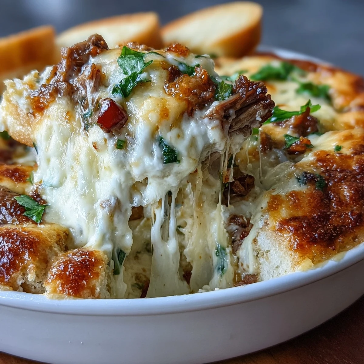 Sizzling skillet of Philly Cheesesteak Dip with ribeye, peppers, and onions, ready to bake for a game-day appetizer.