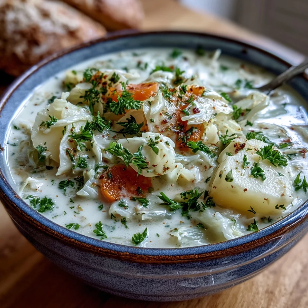 Creamy Potato Soup with Cabbage in a rustic bowl topped with fresh parsley and served alongside thick crusty bread.