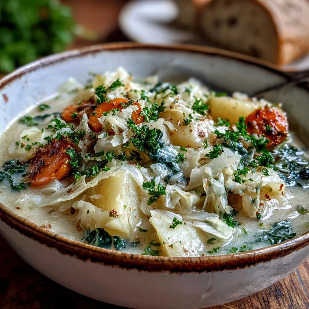 Bowl of Creamy Potato Soup with Cabbage, velvety broth filled with tender potatoes, cabbage, and carrots and a hint of thyme.