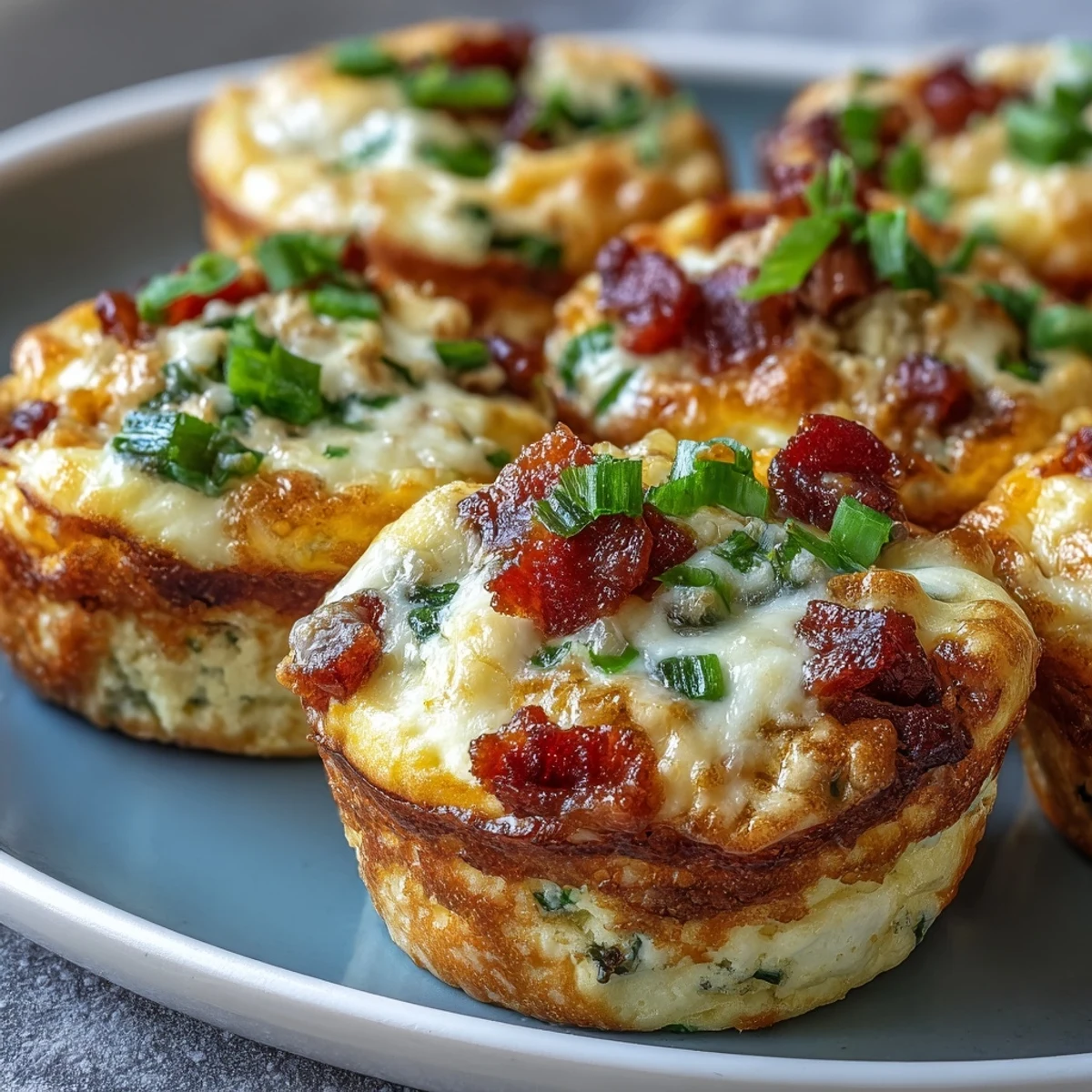 Golden brown Breakfast Egg Muffins with melted cheddar, crumbled bacon, and diced bell peppers, baked in a muffin tin for a savory handheld breakfast.