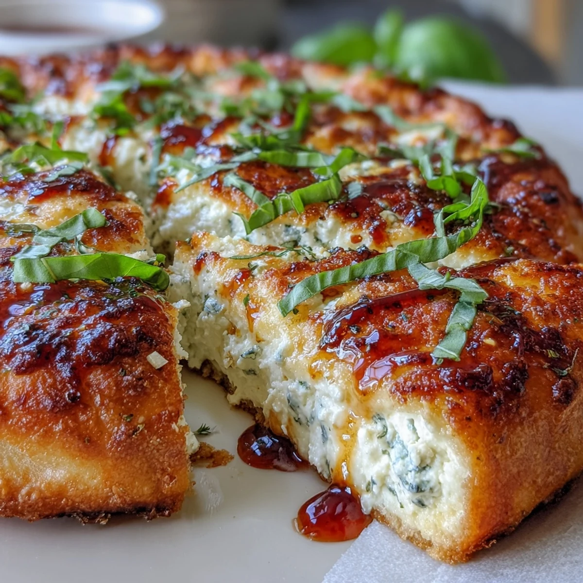 Golden-brown Hot Honey Ricotta Pizza with bubbling mozzarella, fresh basil, and a drizzle of spicy honey on a wooden cutting board.