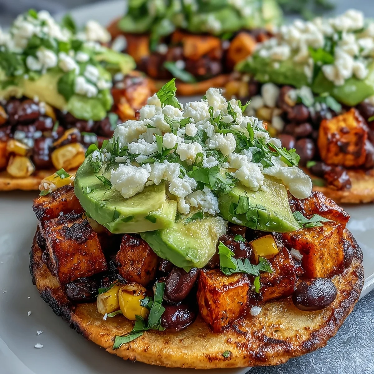 Golden roasted sweet potato cubes and limey black beans piled high on crisp gluten-free tostada shells.