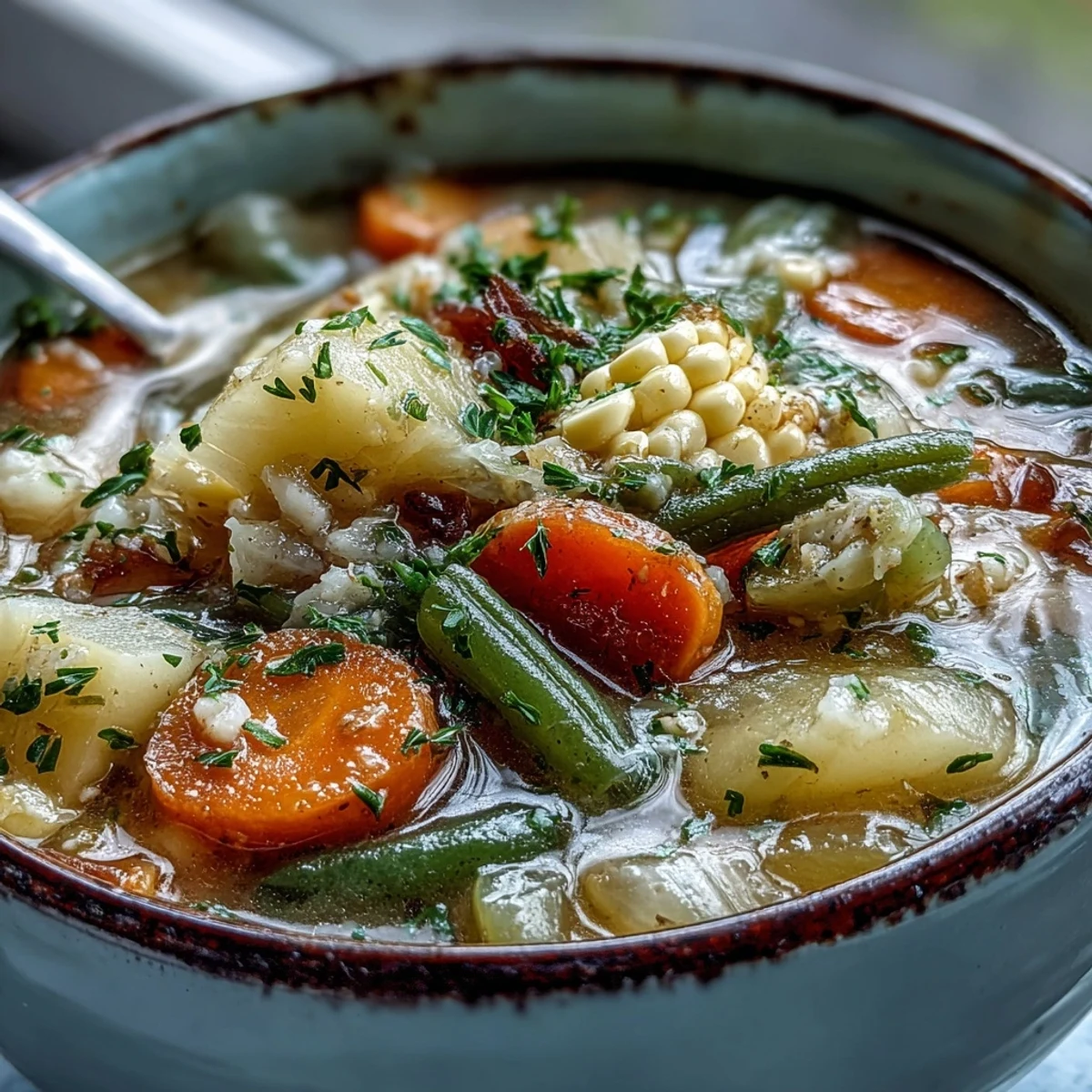 Amish Snow Day Soup served hot in a rustic bowl, garnished with fresh parsley and a swirl of cream.