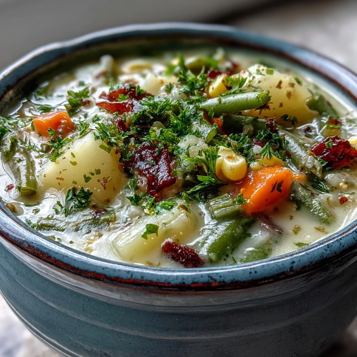 Steaming Amish Snow Day Soup features tender carrots, corn, and potatoes in a creamy, herb-infused broth.