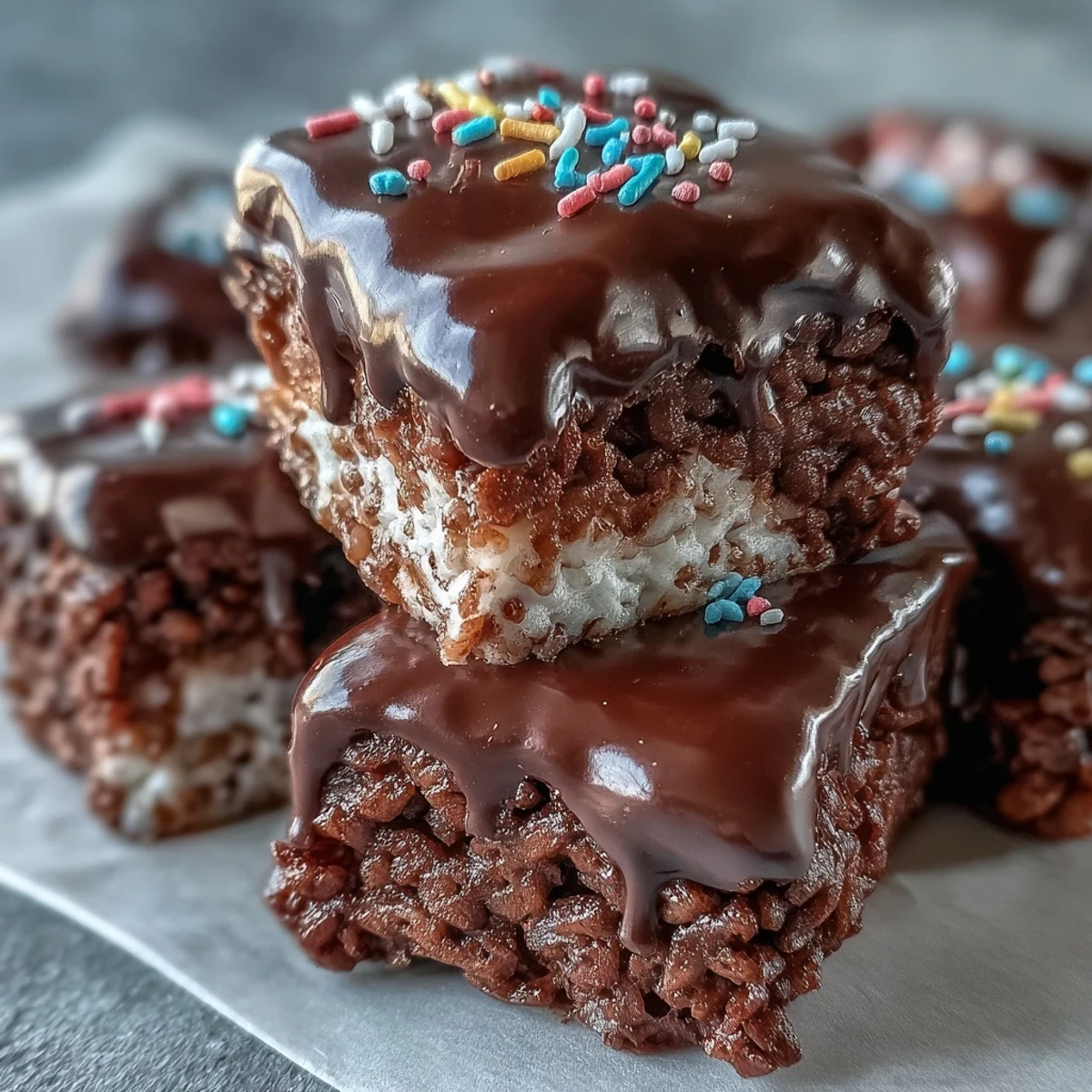 Homemade Chocolate Covered Rice Krispy Treats cut into bars with colorful sprinkles on a marble countertop.
