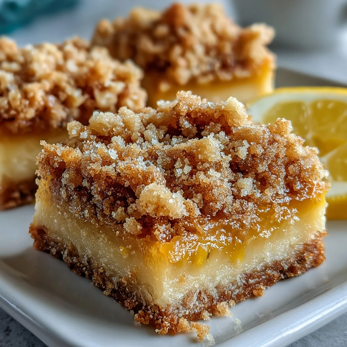 A close-up view of a sliced Homemade Lemon Crumb Bar showing the tender citrus center and buttery crumble texture on a white plate.