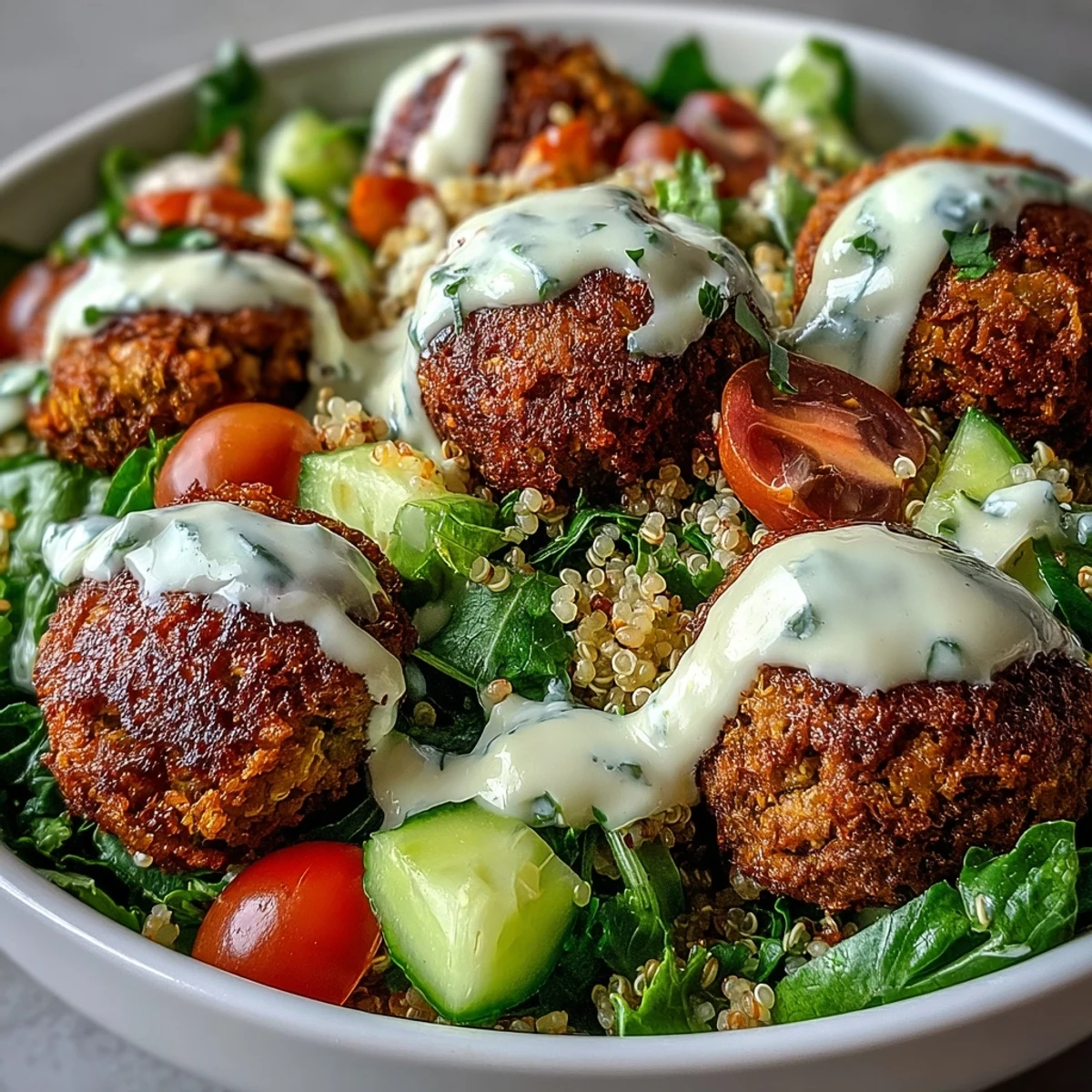 Ready to serve, this colorful Falafel Quinoa Salad Bowl features baked falafel, fresh Mediterranean veggies, and a smooth tahini sauce, perfect for a healthy weeknight dinner.