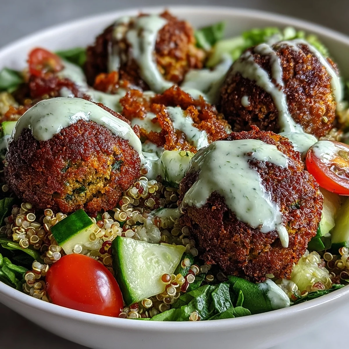 This wholesome Falafel Quinoa Salad Bowl showcases golden baked falafel nestled on fluffy quinoa with crisp veggies and a drizzle of garlicky tahini sauce.