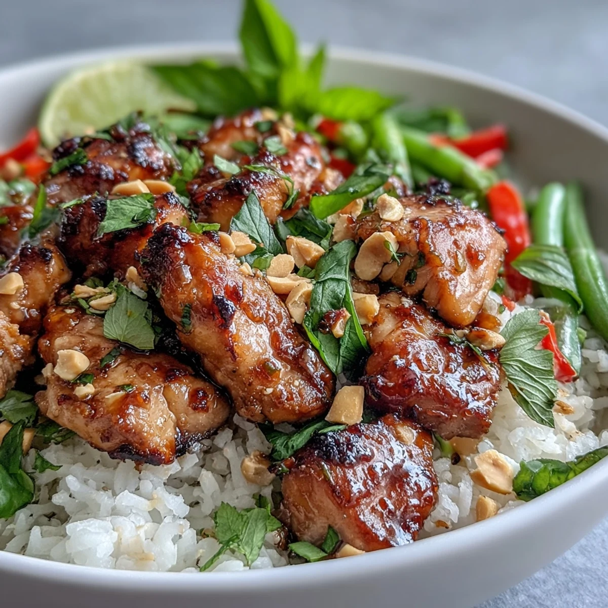 Golden coconut rice topped with tender Thai chicken, crisp red bell peppers, and fresh herbs in a vibrant bowl.  