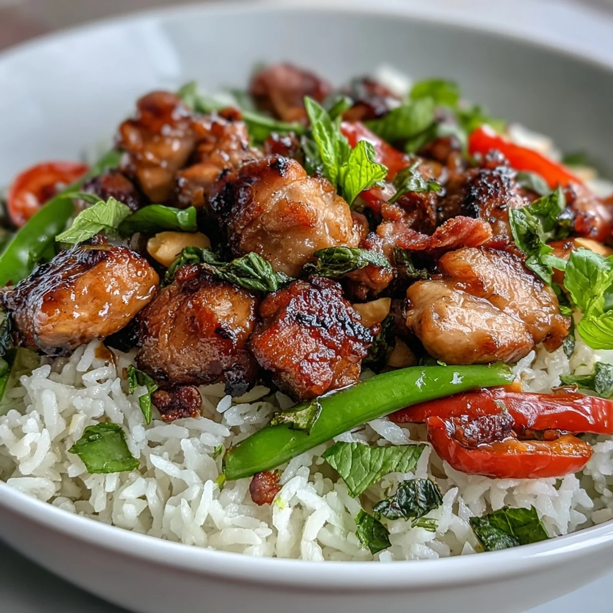 A close-up of Thai Chicken Coconut Bowl with creamy coconut rice, sautéed chicken, and a sprinkle of fresh cilantro.