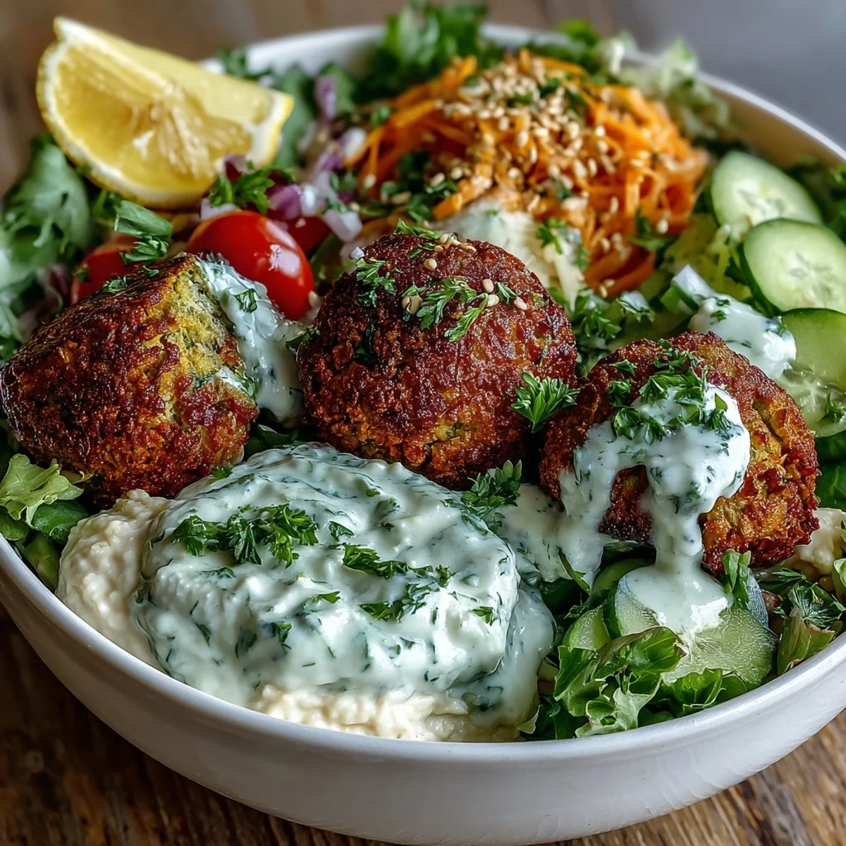 Falafel Bowl with tangy tzatziki, crisp cucumbers, and cherry tomatoes over greens, finished with toasted sesame seeds and lemon wedges for serving.