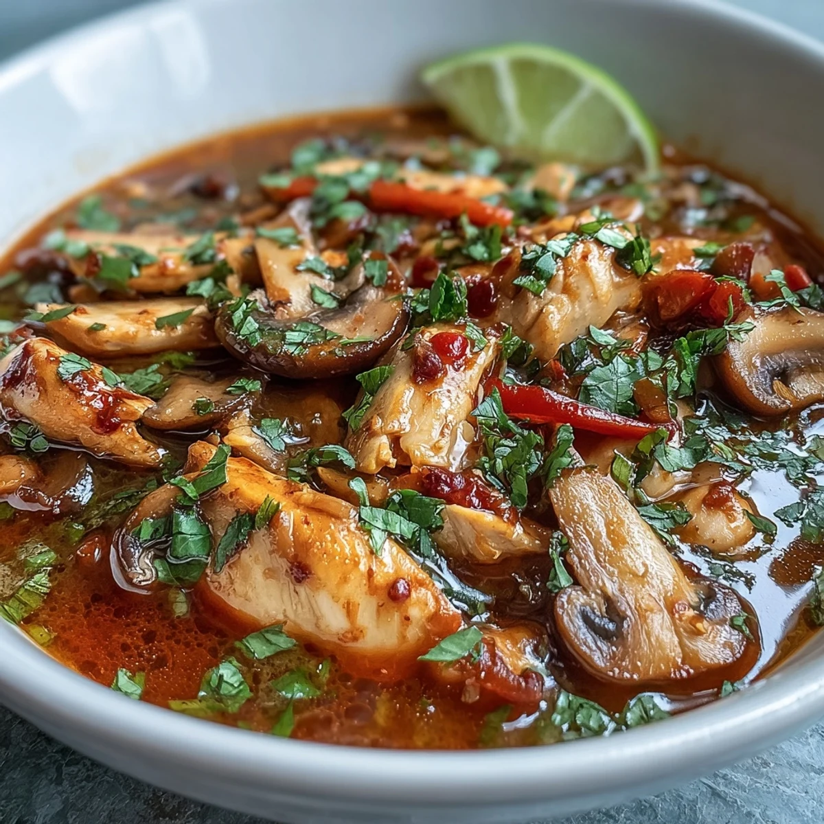 Fragrant Thai Coconut Curry Soup Bowl garnished with fresh cilantro and chili, featuring tender chicken, sliced carrots, and mushrooms in a creamy broth.